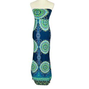 Yetts Los Angeles Maxi Tube Dress Sz M Bodycon Blue Mandala Boho Beach Resort